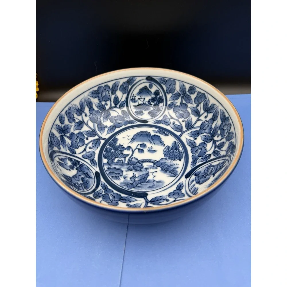 Japanese/Chinese Imari Style Blue & White Porcelain Rice Soup Bowl - 7